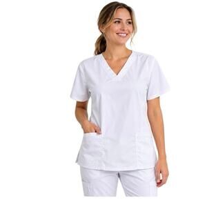 Cherokee Revolution Women’s XL White V-Neck Stretch Scrub Top Medical Workwear
